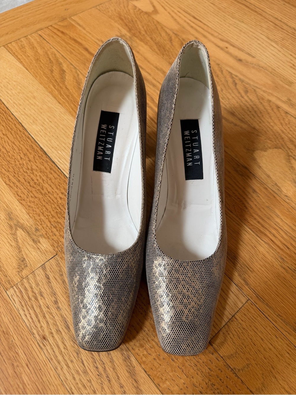 Stuart Weitzman Snakeskin Embossed Leather Block Heel Pumps - Picture 3 of 5
